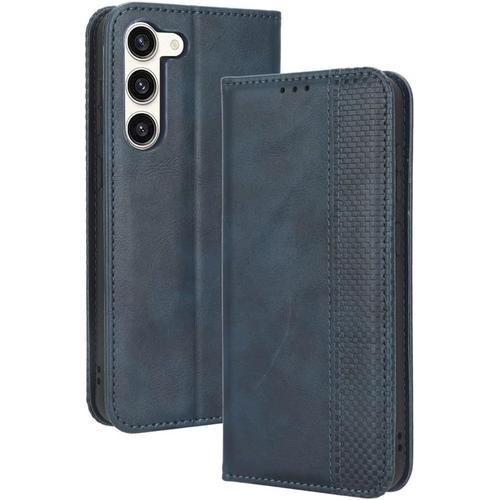 Housse Pour Telephone Samsung Galaxy S23 5g Etui, Pu/Tpu Retourner Cuir Coque Magnétique Portefeuille, Bleu