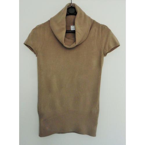 Pull Beige. Grand Col. Manches Courtes. Camaieu. Acrylique. Polyamide. Taille 38
