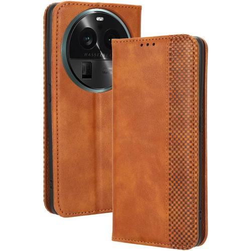 Housse Pour Telephone Oppo Find X6 5g Etui, Pu/Tpu Retourner Cuir Coque Magnétique Portefeuille, Marron