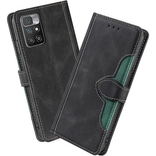 Housse Pour Telephone Xiaomi Redmi 10 Etui, Pu/Tpu Retourner Cuir Coque Magnétique Portefeuille, Noir