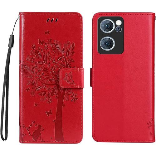 Housse Pour Telephone Oppo Find X5 Lite Etui Pu/Tpu Retourner Cuir Coque Magnétique Portefeuille Rouge