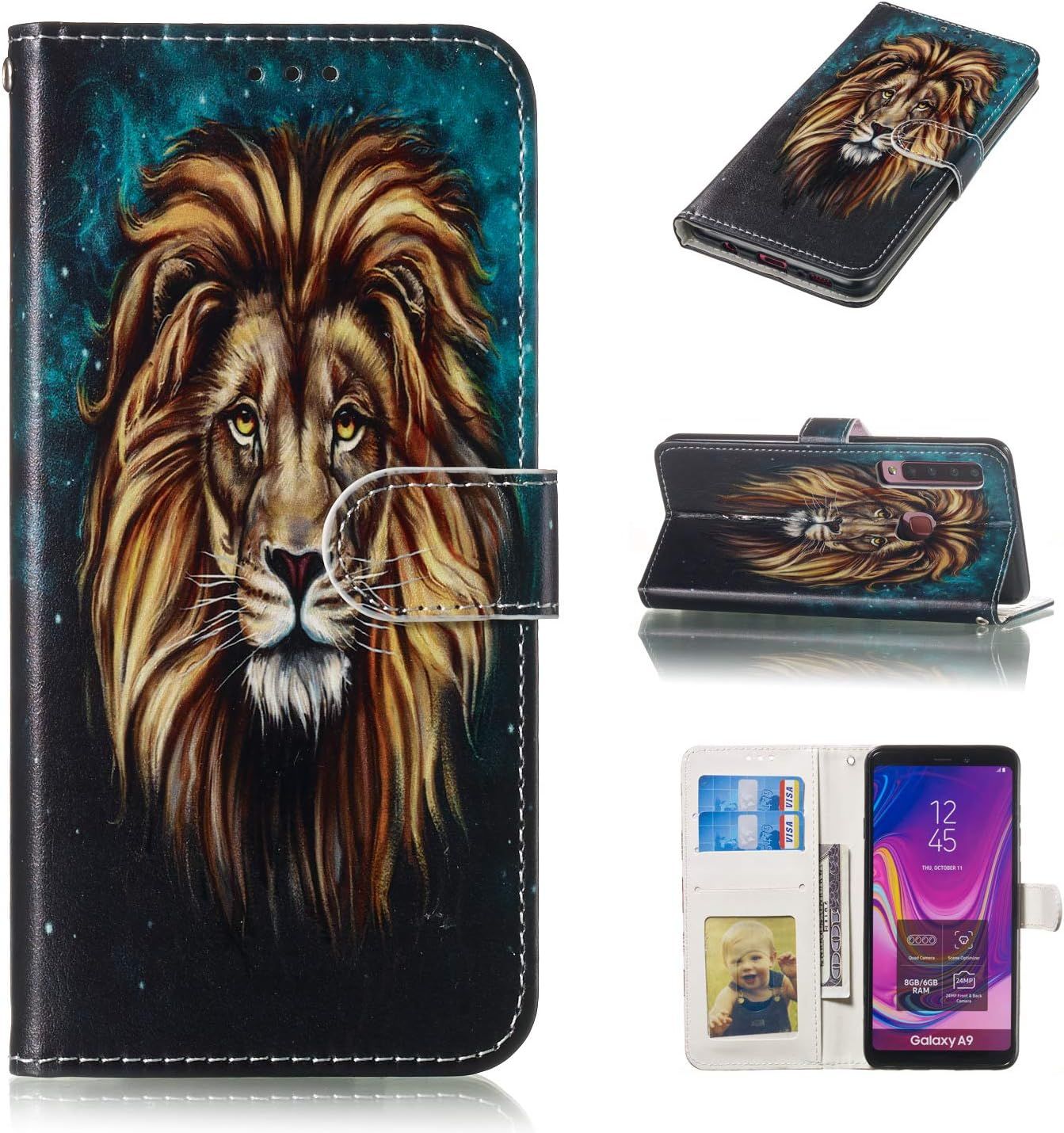 Étui De Protection À Rabat En Cuir Synthétique Pour Samsung Galaxy A9 2018 Motif 3d Motif Lion