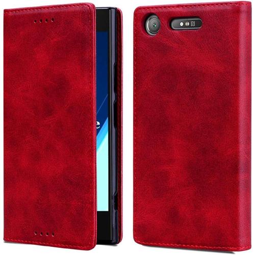 Coque Sony Xperia Xz1 Housse Etui En Cuir Pu Premium Portefeuille De Protection Béquille Fentes Pour Cartes Magnétique Pour Sony Xperia Xz1 Rouge