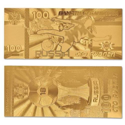 Billet D'or De Russie Collection 100 Roubles Edition Limitée Coupe Du Monde Foot Russie Word Cup Russia Football. Billet En Relief 2 Faces Couleur Or