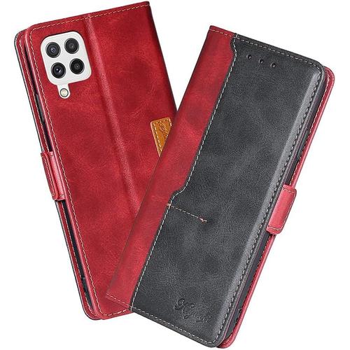 Housse Pour Telephone Samsung Galaxy A22 4g Etui, Pu/Tpu Rétro Retourner Cuir Coque Magnétique Anti Chute Portefeuille Protection Case Cover, Rouge