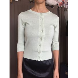 Gilet Vert Pistache Jennyfer. Taille S. Manches 3/4. Boutons Façon Perles. Acrylique. Longueur Totale : 53 Cm Environ.