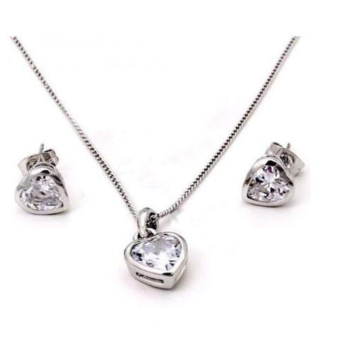 Parure Collier Et Boucles D'oreilles Coeur Plaqué Argent Et Cristal