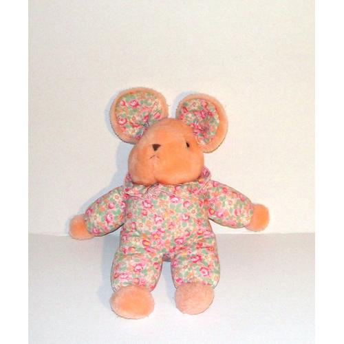 Doudou Souris Rose Nounours Peluche Habit Tissus A Fleurs 30 Cm