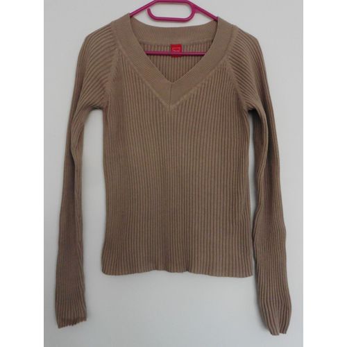 Pull Beige Côtelé. Col En V. Tex. Coton. Taille 36