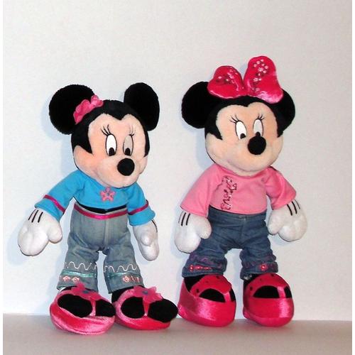 Minnie Tenue En Jeans Et Minnie Tee Shirt Rose Et Jeans Brodés Fleurs Peluche Doudou Disneyland Paris 30cm Et 32cm