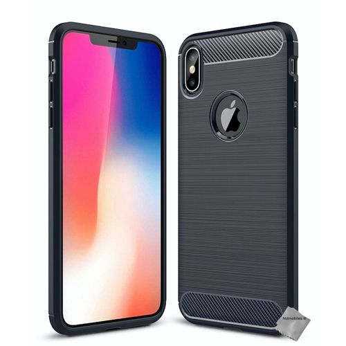 Housse Etui Coque Silicone Gel Carbone Pour Apple Iphone Xs Max + Verre Trempe - Bleu Fonce