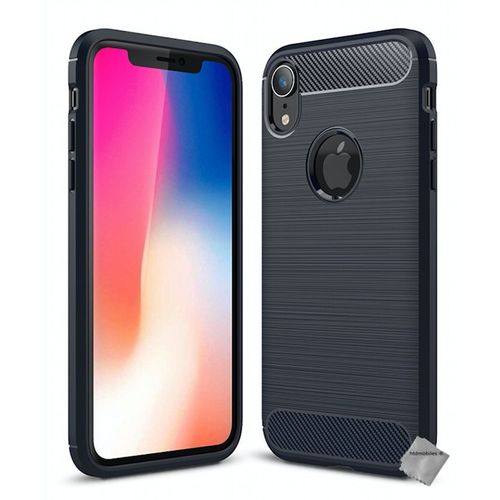 Housse Etui Coque Silicone Gel Carbone Pour Apple Iphone Xr + Verre Trempe - Bleu Fonce