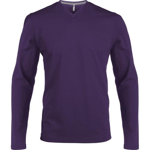 T-Shirt Manches Longues Col V - K358 - Violet Pourpre - Homme