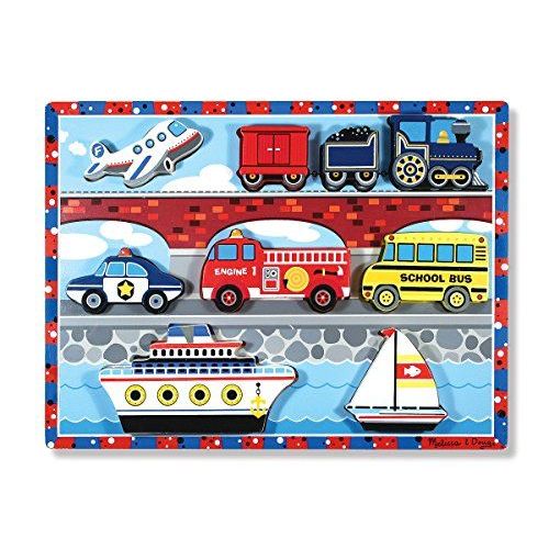 Melissa & Doug Vehicles Wooden Chunky Puzzle - Plane, Train, Cars, And Boats (9 Pcs)
