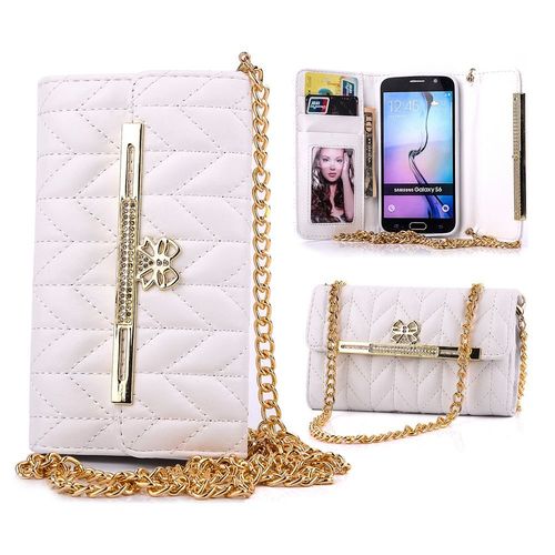 Etui Folio A Rabat Samsung Galaxy S6 Sac Doré Blanc Bling Eco-Cuir (Pu)