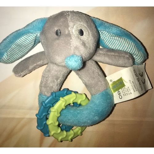 Hochet Chien Bleu Vert Gris Obaibi Doudou Peluche Jouet