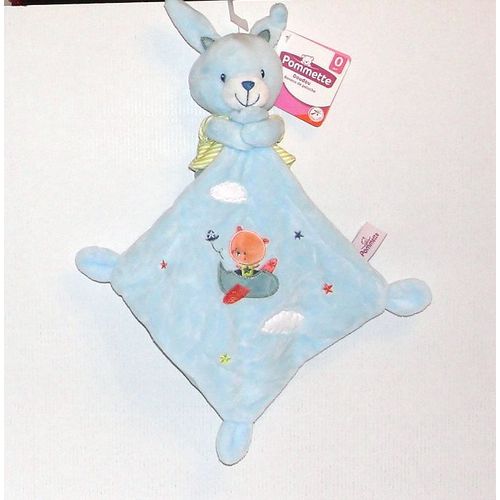 Doudou Lapin Bleu Avec Mouchoir Imprimé Avion Pommette