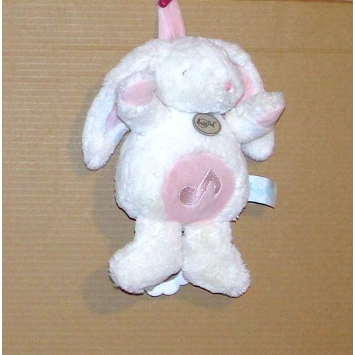 Lapin Musical Blanc Rose Brodé Note De Musique Berceuse Doudou Babynat' 24cm