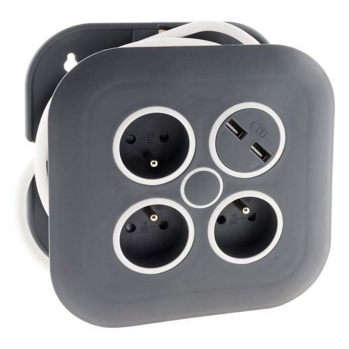 Enrouleur domestique 3 prises 2P+T 16A + coupe-circuit + 2x USB - Gris/Blanc - Zenitech