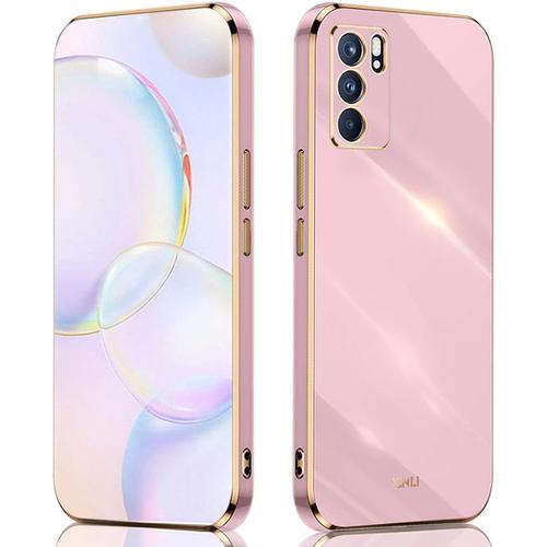 Coque Pour Oppo Reno 6 5g/Reno6 5g, Housse Silicone Coloré Case Protégez La Caméra, Étui Ultra-Fin Antichoc Pour Femme Cover Avec Cadre Doré Mauve