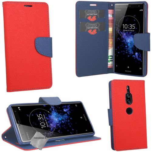 Housse Etui Coque Pochette Portefeuille Pour Sony Xperia Xz2 Premium + Film Ecran - Rouge / Bleu