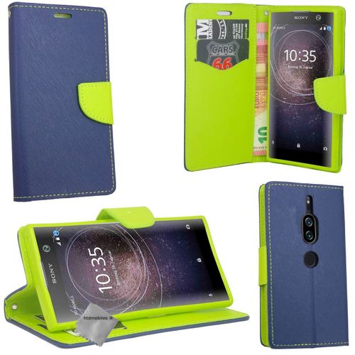 Housse Etui Coque Pochette Portefeuille Pour Sony Xperia Xz2 Premium + Verre Trempe - Bleu / Vert