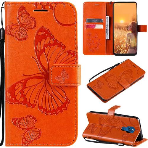 Étui Pour Motorola Moto G Play 2021 6 5 Pouces Pu Cuir Couverture Magnétique Housse Conception En Relief De Papillon Stent Fonction Flip Cuir Orange