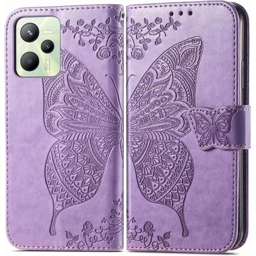 Coque Pour Realme C35 4g Étui Papillon Flip Wallet Slim Housse De Téléphone Avec Fermeture Magnétique Fentes Pour Cartes Béquille Dragonne. Lavande