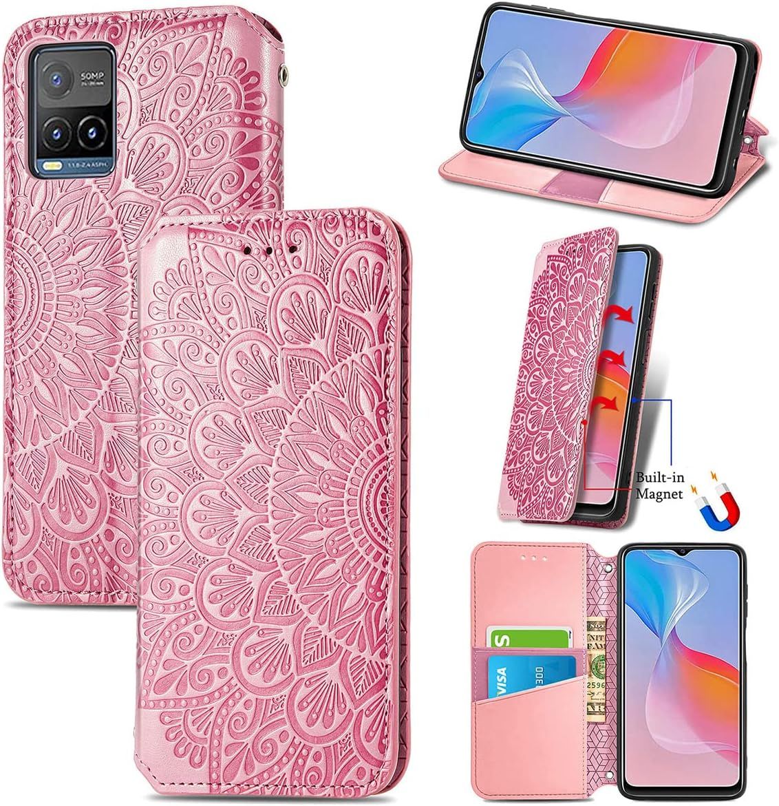 Housse Pour Telephone Vivo Y21 Y21s Y33s Etui Premium Pu+Tpu Motif En Relief Retourner Cuir Coque Anti Chute Portefeuille Protection Case Cover Rose