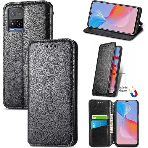 Housse Pour Telephone Vivo Y21 Y21s Y33s Etui Premium Pu+Tpu Motif En Relief Retourner Cuir Coque Anti Chute Portefeuille Protection Case Cover Noir