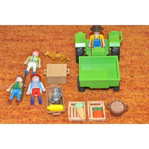 Lot Playmobil Theme Ferme Chasse Campagne 1 Tracteur Vehicule 4 Personnages 1 Chien Des Carottes Lait Paniers Boite