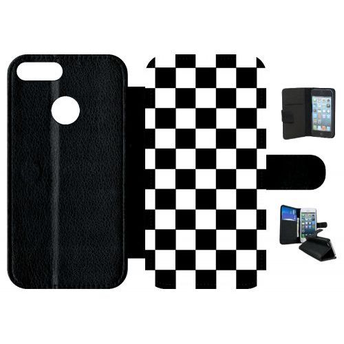 Etui A Rabat - Dammier Noir Et Blanc - Compatible Avec Honor 9 Lite - Simili-Cuir - Bord Noir