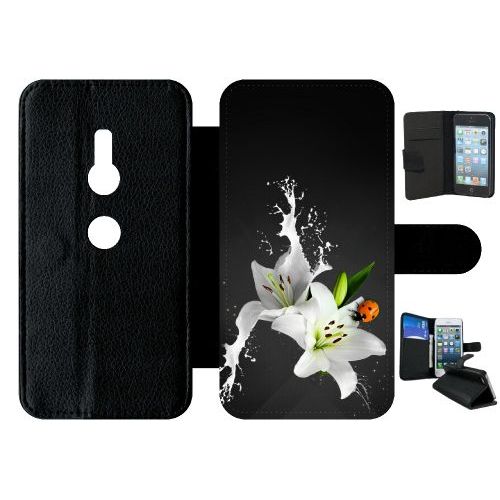 Etui A Rabat - Lys Blanc Coccinelle Sur Fond Gris - Compatible Avec Sony Xperia Xz2 - Simili-Cuir - Bord Noir