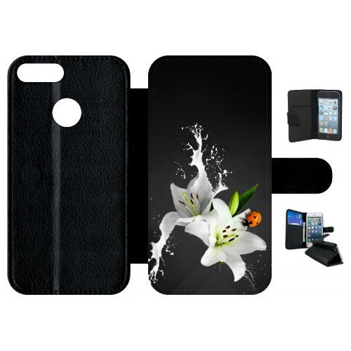 Etui A Rabat - Lys Blanc Coccinelle Sur Fond Gris - Compatible Avec Honor 9 Lite - Simili-Cuir - Bord Noir