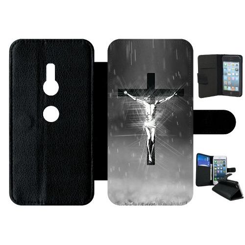Etui A Rabat - Jésus Croix Noir Et Blanc - Compatible Avec Sony Xperia Xz2 - Simili-Cuir - Bord Noir