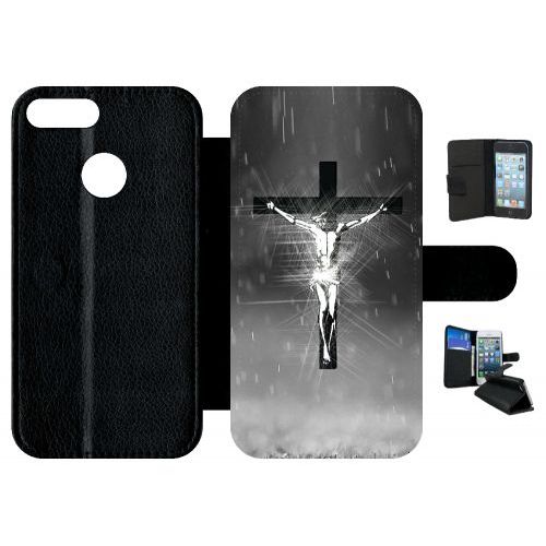 Etui A Rabat - Jésus Croix Noir Et Blanc - Compatible Avec Honor 9 Lite - Simili-Cuir - Bord Noir