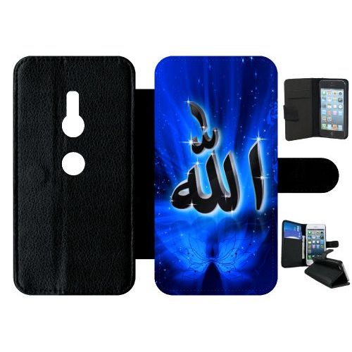 Etui A Rabat - Allah Religion Bleu Nuit - Compatible Avec Sony Xperia Xz2 - Simili-Cuir - Bord Noir