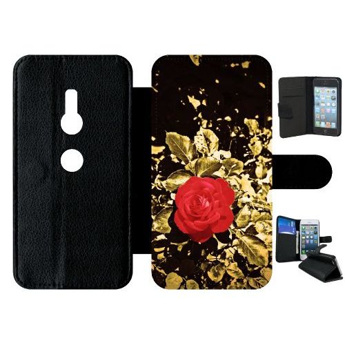 Etui A Rabat - Rose Et Feuille D'or - Compatible Avec Sony Xperia Xz2 - Simili-Cuir - Bord Noir