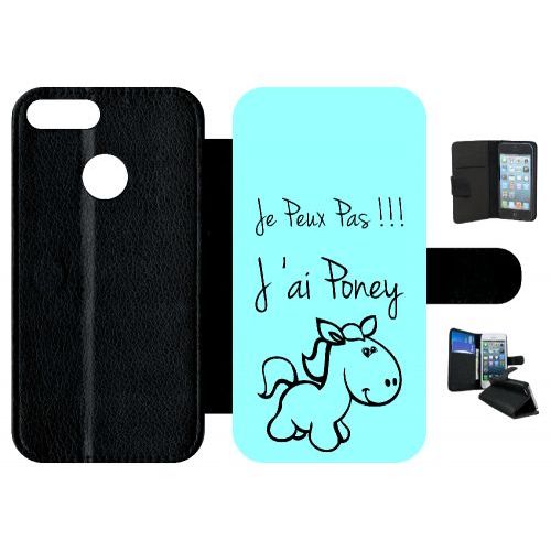 Etui A Rabat - Citation Poney Turquoise - Compatible Avec Honor 9 Lite - Simili-Cuir - Bord Noir