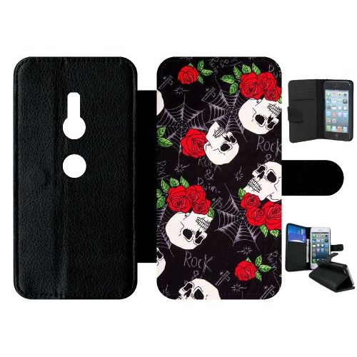 Etui A Rabat - Tete De Mort Toile Rose Rock - Compatible Avec Sony Xperia Xz2 - Simili-Cuir - Bord Noir