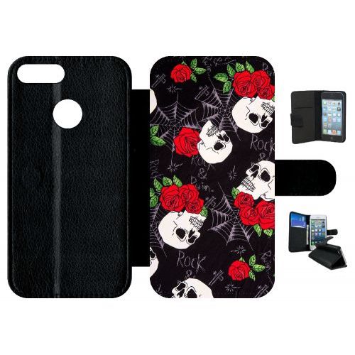 Etui A Rabat - Tete De Mort Toile Rose Rock - Compatible Avec Honor 9 Lite - Simili-Cuir - Bord Noir
