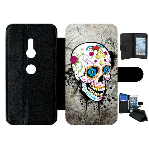 Etui A Rabat - Skull Fleur Bleu Fond Gris - Compatible Avec Sony Xperia Xz2 - Simili-Cuir - Bord Noir