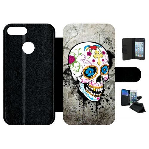 Etui A Rabat - Skull Fleur Bleu Fond Gris - Compatible Avec Honor 9 Lite - Simili-Cuir - Bord Noir