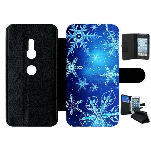 Etui A Rabat - Flocon De Neige Fond Bleu Nuit - Compatible Avec Sony Xperia Xz2 - Simili-Cuir - Bord Noir