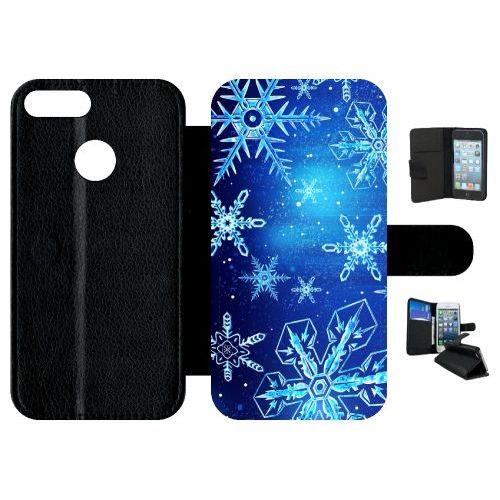 Etui A Rabat - Flocon De Neige Fond Bleu Nuit - Compatible Avec Honor 9 Lite - Simili-Cuir - Bord Noir