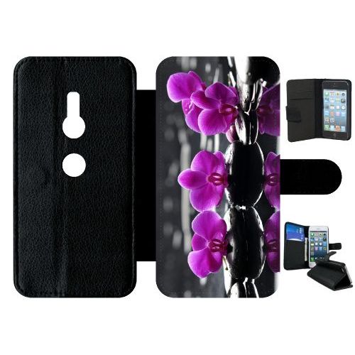 Etui A Rabat - Orchide Violette Fond Gris - Compatible Avec Sony Xperia Xz2 - Simili-Cuir - Bord Noir