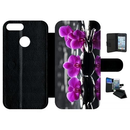 Etui A Rabat - Orchide Violette Fond Gris - Compatible Avec Honor 9 Lite - Simili-Cuir - Bord Noir