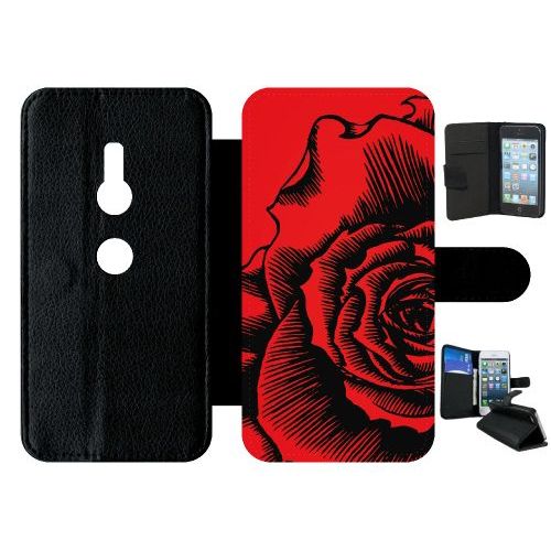 Etui A Rabat - Fleur Fond Fond Rouge - Compatible Avec Sony Xperia Xz2 - Simili-Cuir - Bord Noir