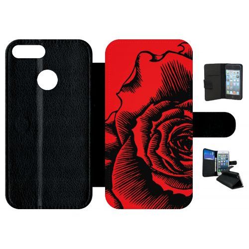 Etui A Rabat - Fleur Fond Fond Rouge - Compatible Avec Honor 9 Lite - Simili-Cuir - Bord Noir