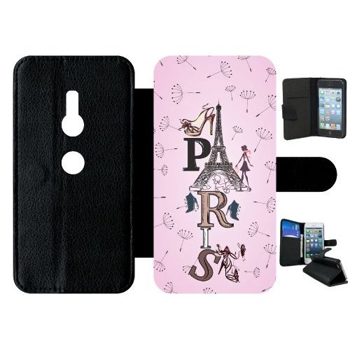 Etui A Rabat - Paris Fond Rose Pale - Compatible Avec Sony Xperia Xz2 - Simili-Cuir - Bord Noir